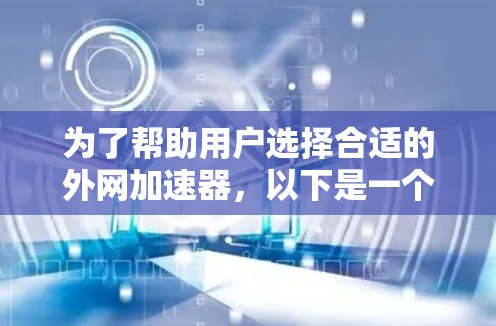 为了帮助用户选择合适的外网加速器，以下是一个结构化的总结，涵盖不同类型的加速器的价格、适用场景和特点